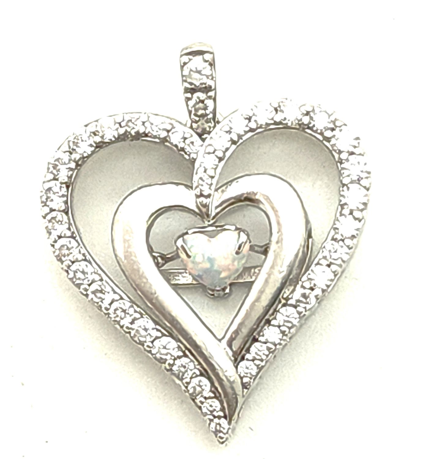 Sterling Silver Heart Diamond Simulant &amp; Dangle Opal Pendant