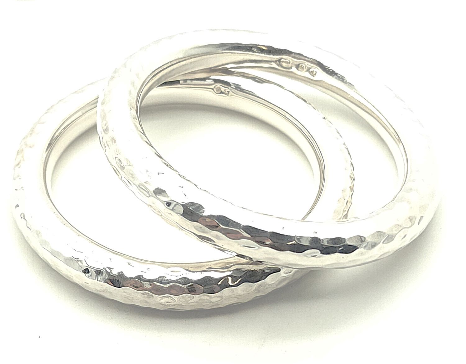 Sterling Silver Hollow Hammered Bangle Bracelets Set of 2