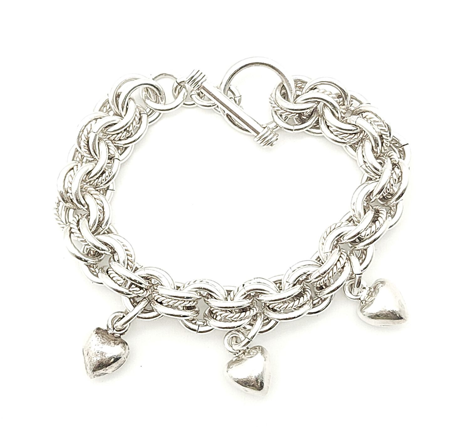 Sterling Silver Triple Rolo Link Toggle Clasp Bracelet with Hearts Bracelet Size: 8&quot;