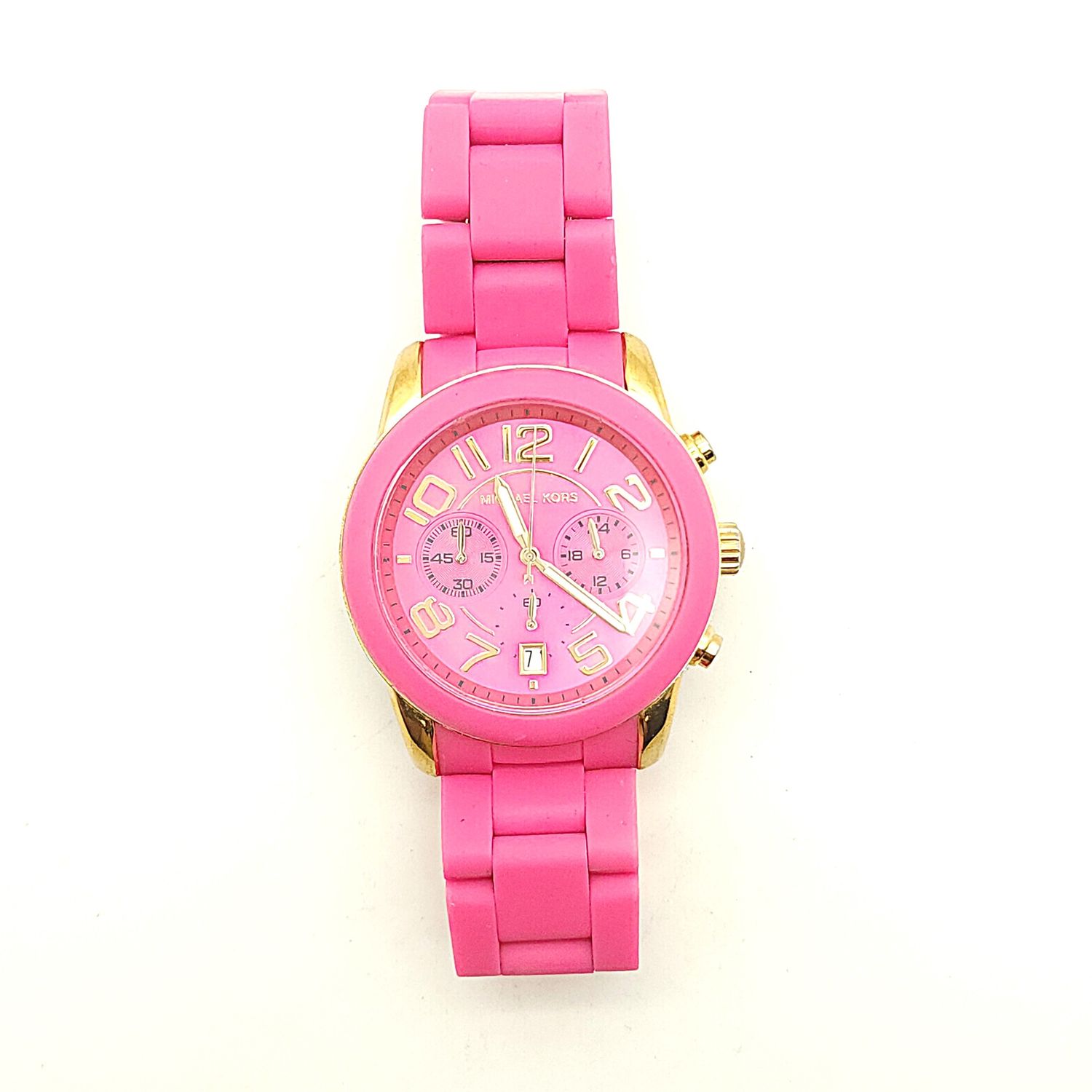 Michael Kors Mercer Chronograph Pink+ Gold Dial Pink Silicone Wrapped Steel Watch