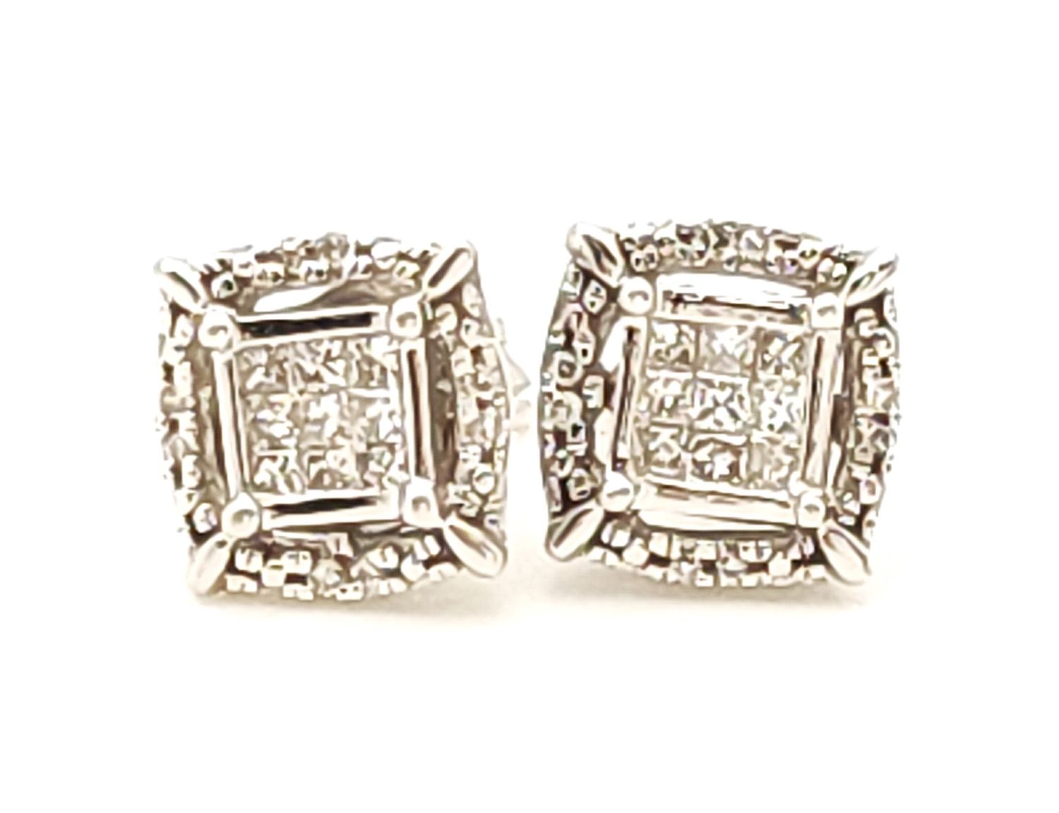 10k White Gold Princess Halo Diamond Earring Studs