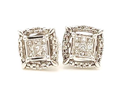 10k White Gold Princess Halo Diamond Earring Studs