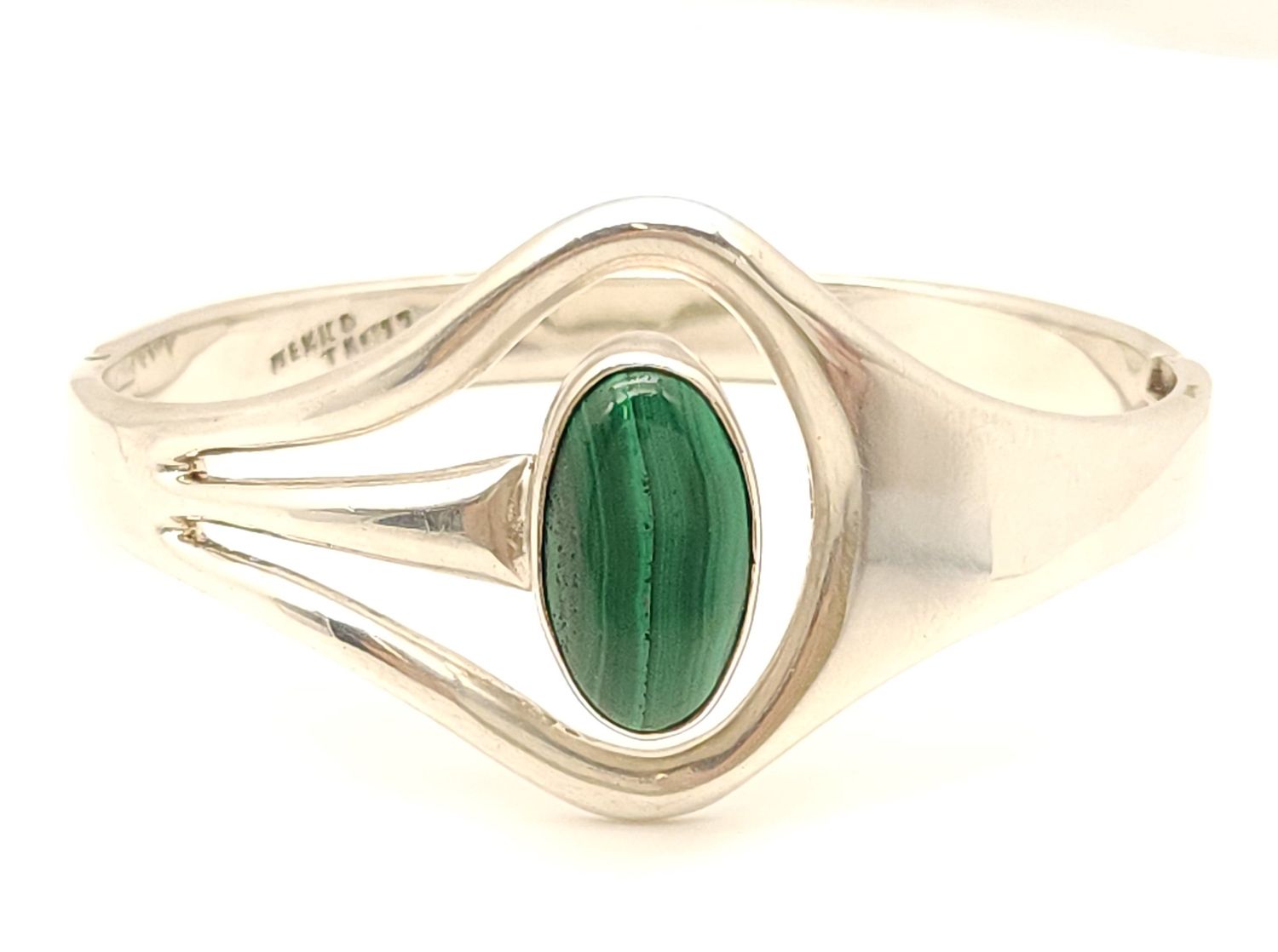 Vintage Sterling Silver Mexico Malachite Hinged Bangle