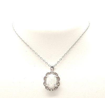 Sterling Silver Oval Halo Opal Pendant on Sterling Silver Chain Size: 18-20&quot;