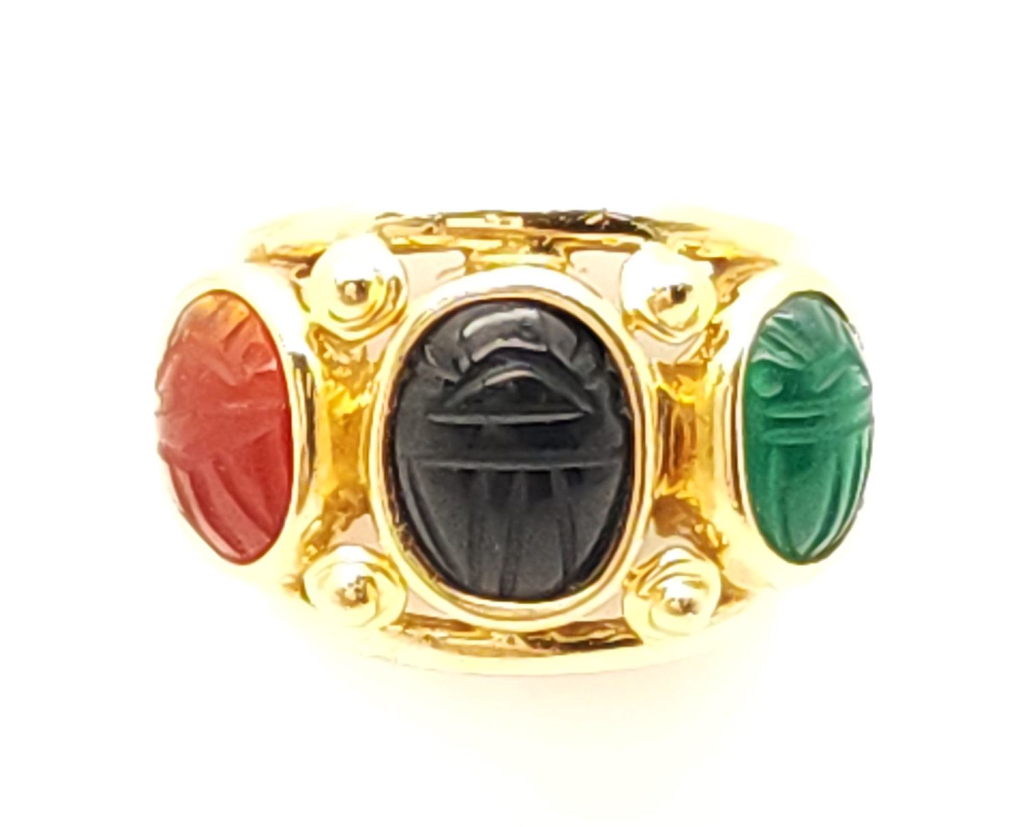 14k Gold Vintage Scarab Carnelian, Onyx, Chrysoprase Ring Size: 5