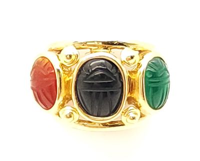 14k Gold Vintage Scarab Carnelian, Onyx, Chrysoprase Ring Size: 5