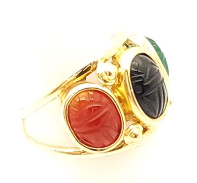 14k Gold Vintage Scarab Carnelian, Onyx, Chrysoprase Ring Size: 5