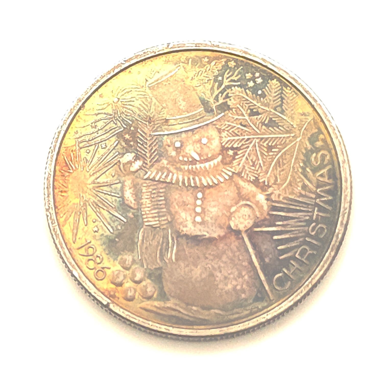 1986 Christmas Snowman Silver Round