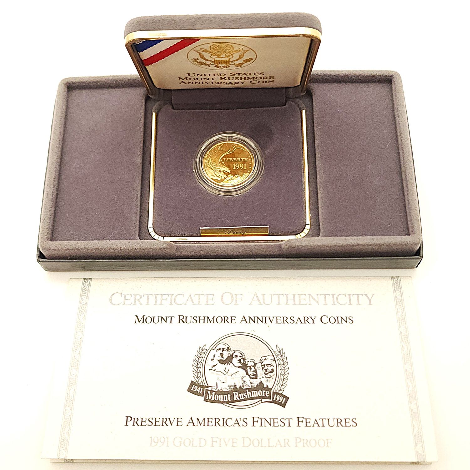 1991-W Mount Rushmore Anniversary $5 Gold Proof Coin