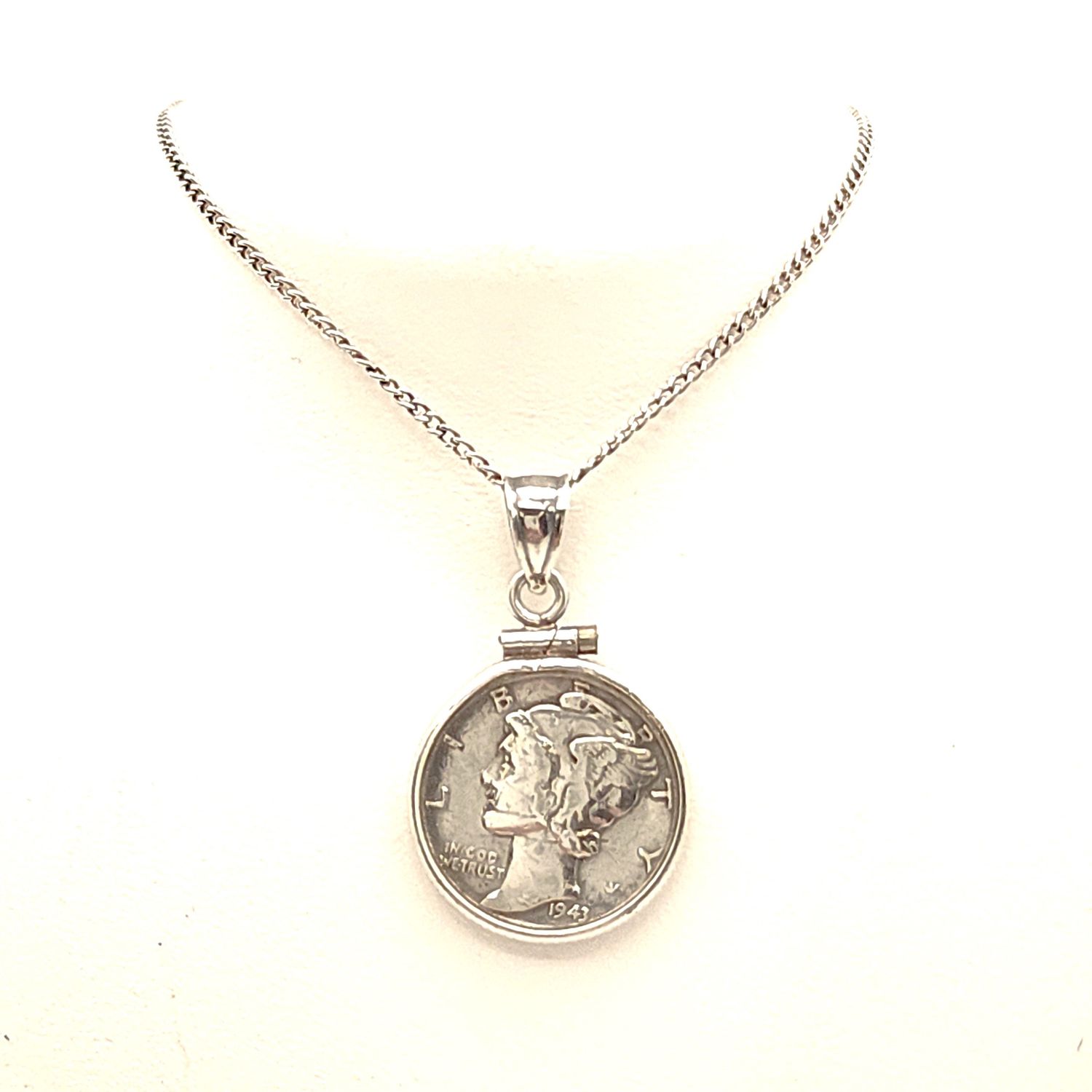 1943-S Mercury Dime in Sterling Silver Bezel on Sterling Silver Chain
