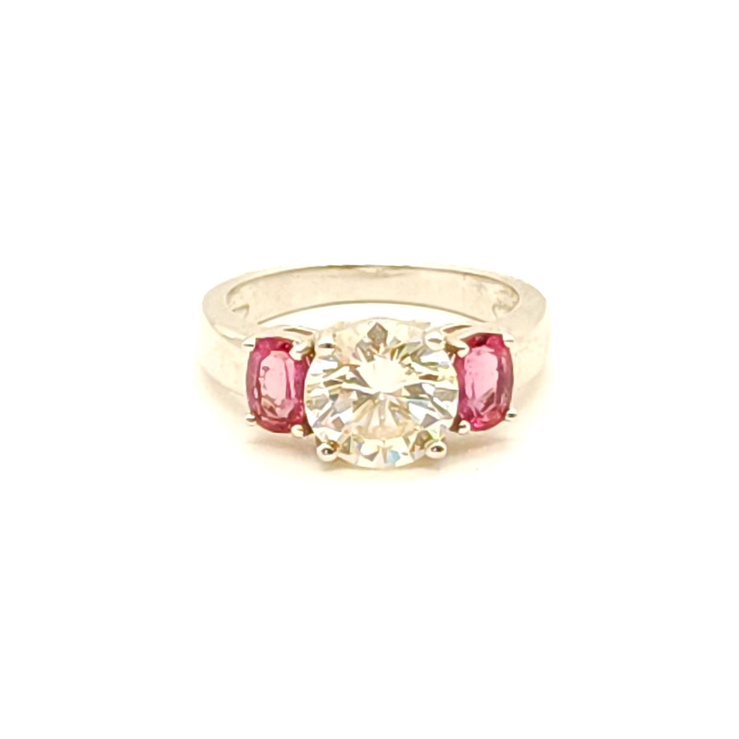 Sterling Silver Clear &amp; Pink Three Stone Ring Size: 8