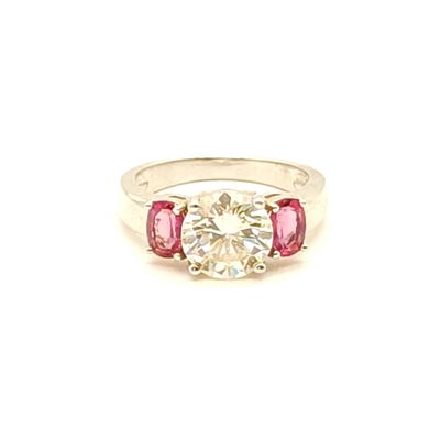 Sterling Silver Clear &amp; Pink Three Stone Ring Size: 8