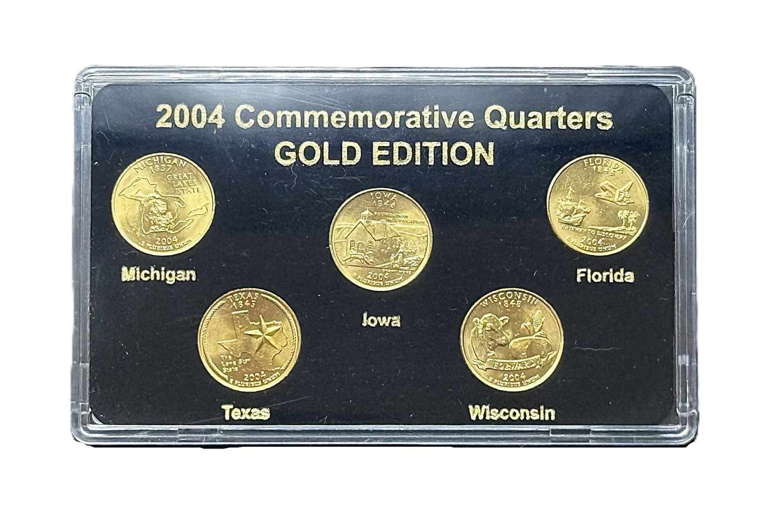 2004 Gold Edition State Quarters Set Michigan Florida Texas Iowa Wisconsin 24K Layered BU Collector Set