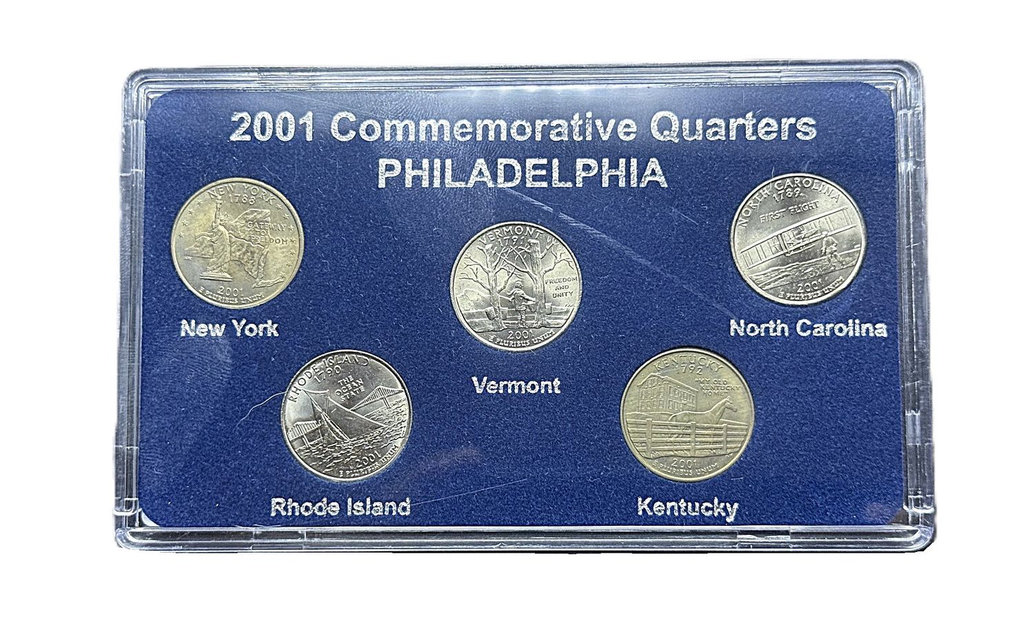 2001 Philadelphia Mint P State Quarters Complete Set New York North Carolina Rhode Island Vermont Kentucky BU with Card