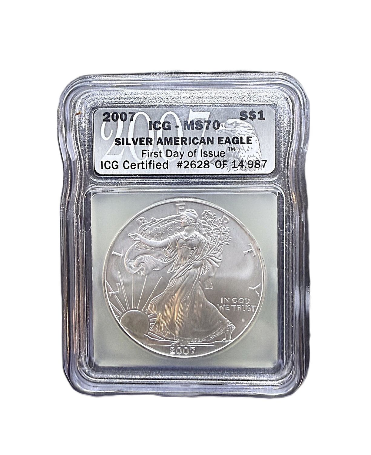 2007 American Silver Eagle First Day of Issue Limited ICG MS70