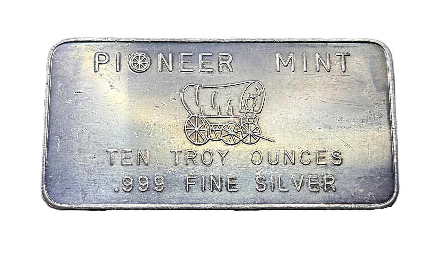 Pioneer Mint 10 oz Pressed Silver Bar – Iconic Covered Wagon Ingot