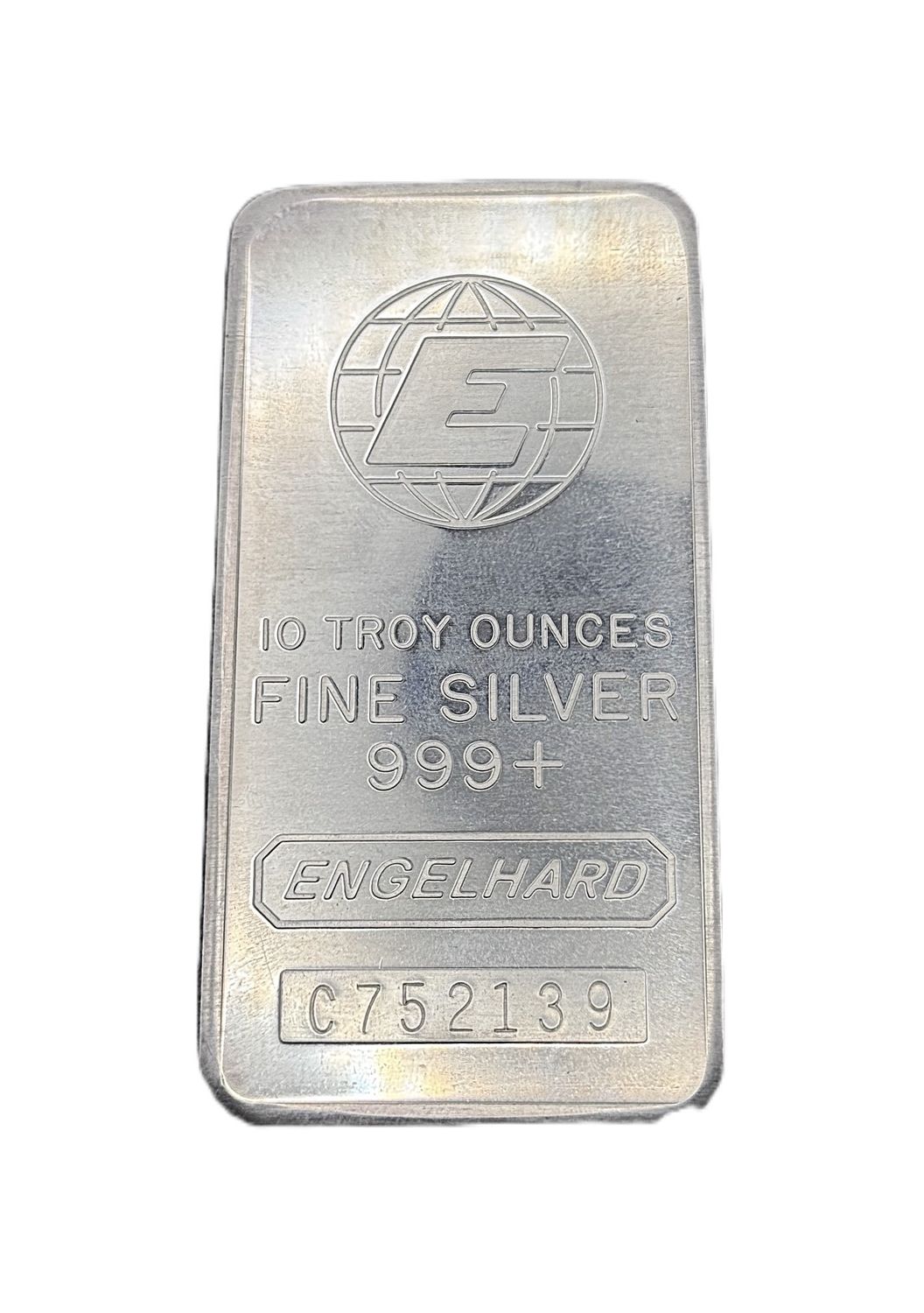 Vintage Engelhard 10 oz Silver Bar Struck Globe E Logo Pattern Back