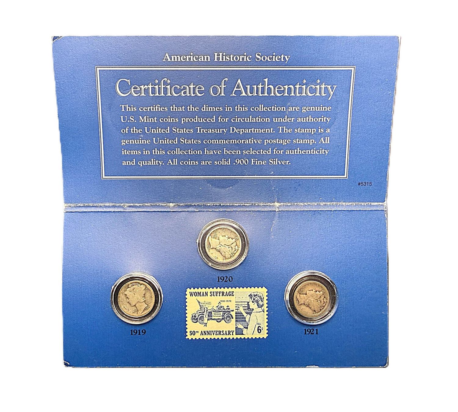1919-1921 Mercury Dimes with 1970 Woman Suffrage 50th Anniversary Stamp