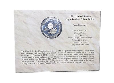 1991 USO 50th Anniversary Commemorative Silver Dollar Proof San Francisco Mint