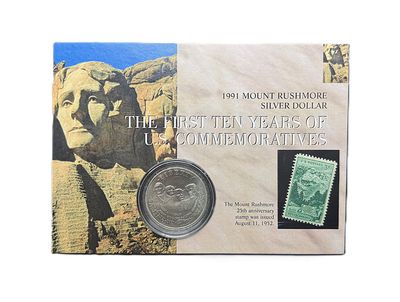 1991 Mount Rushmore 50th Anniversary Silver Dollar Commemorative Set w/ COA, Stamp &amp; Folder - Morgan Mint Collectible