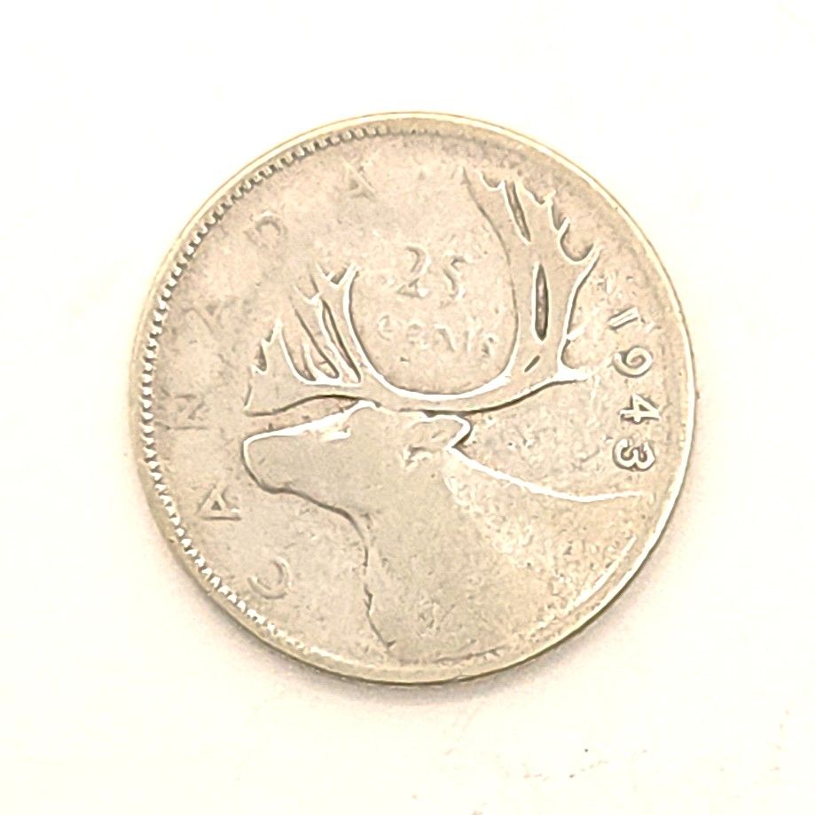 1943 Canada Silver 25 Cents George VI Caribou Quarter
