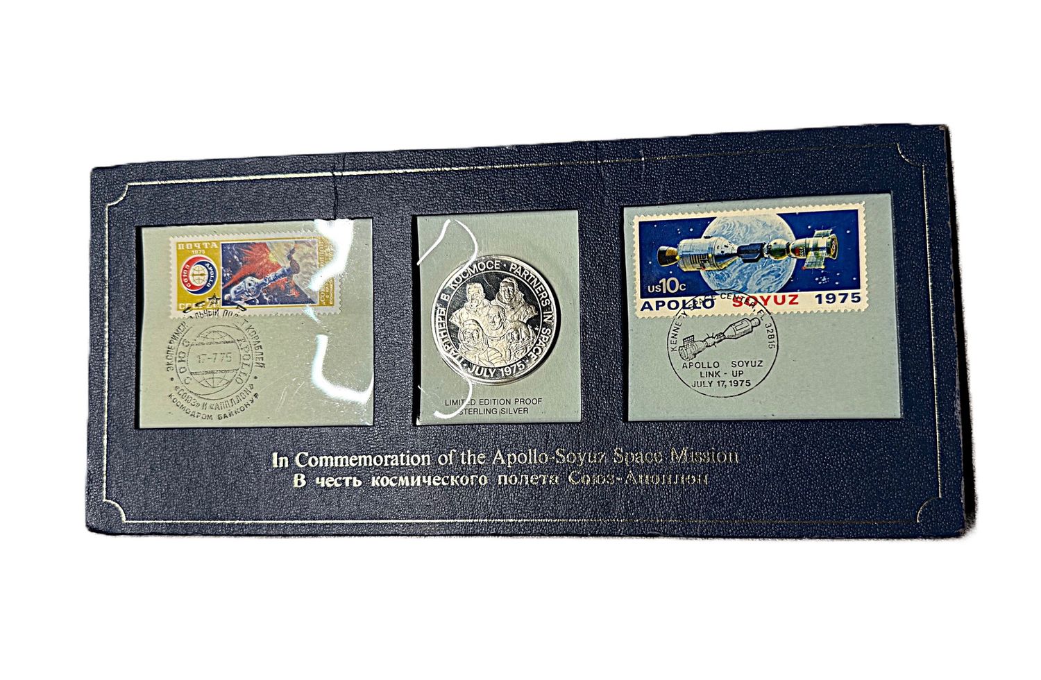 1975 Franklin Mint Apollo-Soyuz Sterling Silver Medal &amp; Stamp Set