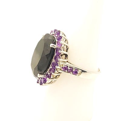 Sterling Silver Black Onyx Purple Halo Ring Size: 7