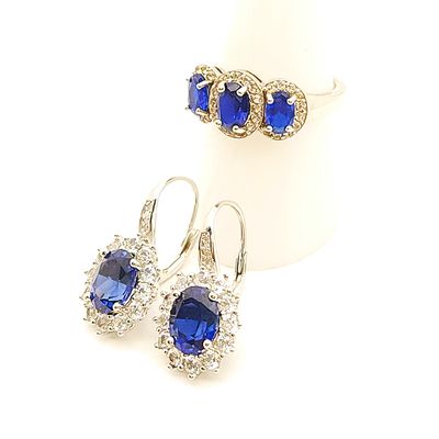 Sterling Silver Blue Stone Ring (Size 8) and Earring Set