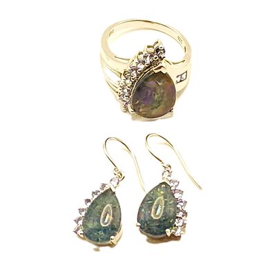 Sterling Silver Black Opal Teardrop Earring &amp; Ring (Size 8) Set