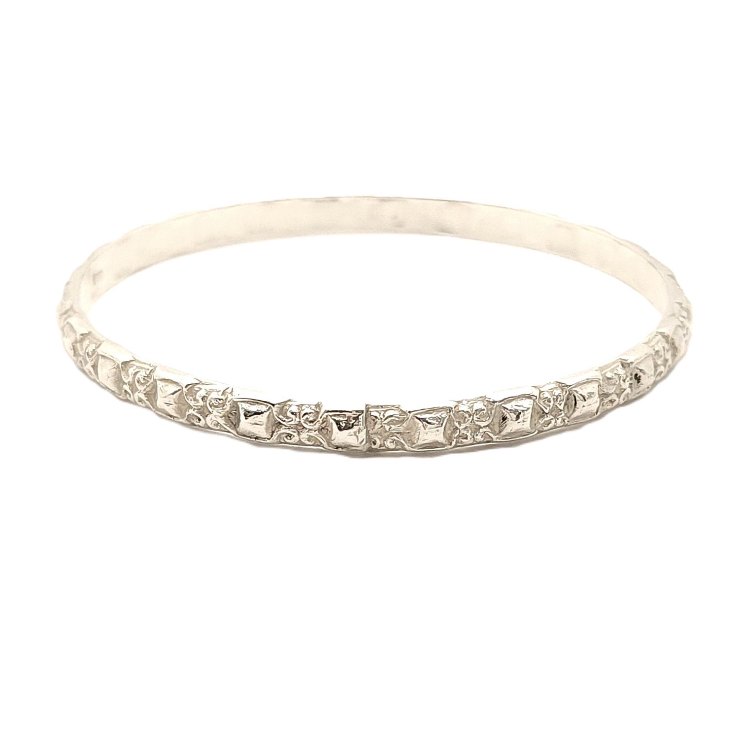 Sterling Silver Textured Block-Filigree Bangle Bracelet
