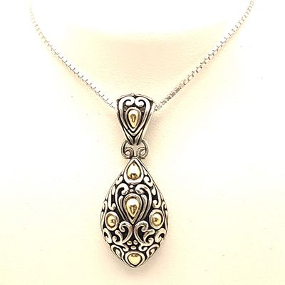 Sterling Silver & 18k Gold Bali Style Teardrop Pendant on 30" Sterling Silver Chain