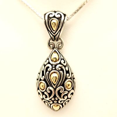 Sterling Silver & 18k Gold Bali Style Teardrop Pendant on 30" Sterling Silver Chain