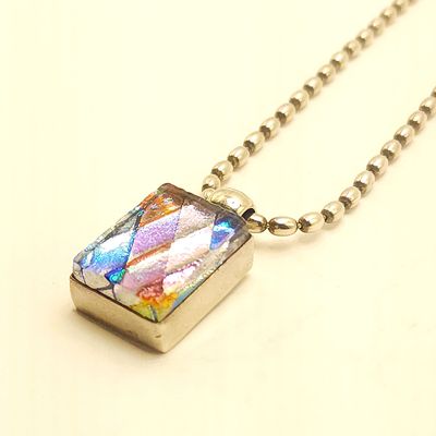 Sterling Silver Confetti Dichroic Glass Pendant on Ball Chain- Size: 15"