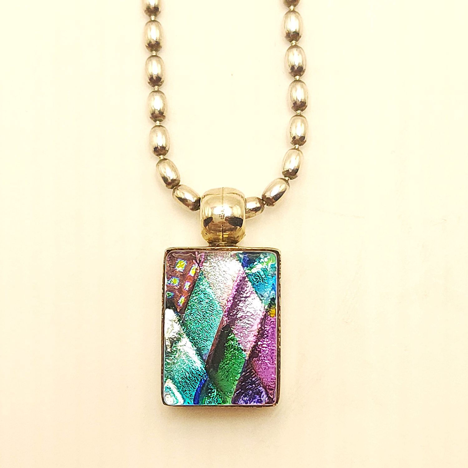 Sterling Silver Confetti Dichroic Glass Pendant on Ball Chain- Size: 15"