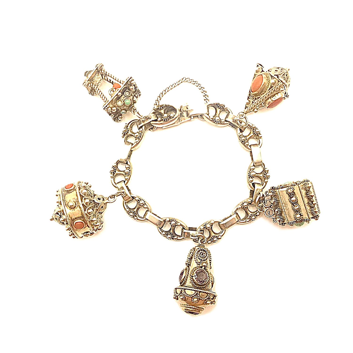Sterling Silver Vintage Italian Etruscan Revival Charm Bracelet- Size: 7"