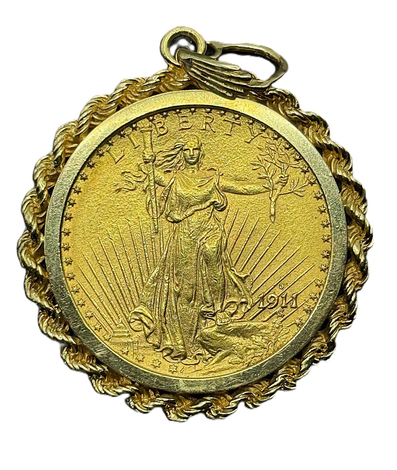 1911 Saint-Gaudens $20 Gold Double Eagle in Gold Rope Bezel Pendant