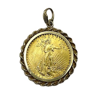 1911 Saint-Gaudens $20 Gold Double Eagle in 14k Gold Rope Bezel Pendant