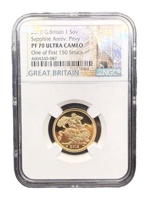 2018 Great Britain Gold Sovereign Sapphire Anniversary Privy Mark NGC PF70 Ultra Cameo First 150 Struck