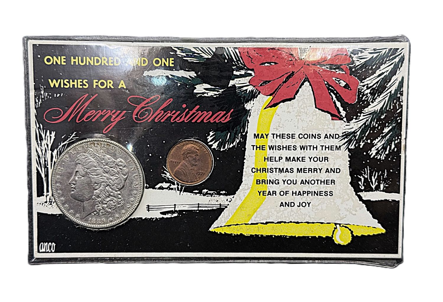 1889 Morgan Silver Dollar and 1971 Lincoln Cent in One Hundred and One Wishes Merry Christmas Card