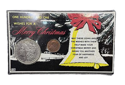 1889 Morgan Silver Dollar and 1971 Lincoln Cent in One Hundred and One Wishes Merry Christmas Card