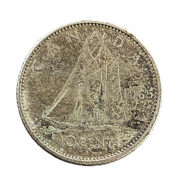 1965 Canadian Silver Dime - 10 Cents Elizabeth II Bluenose Schooner Circulated Coin