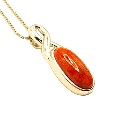 Sterling Silver Oval Coral Pendant on Sterling Silver Chain- Size: 18-20"