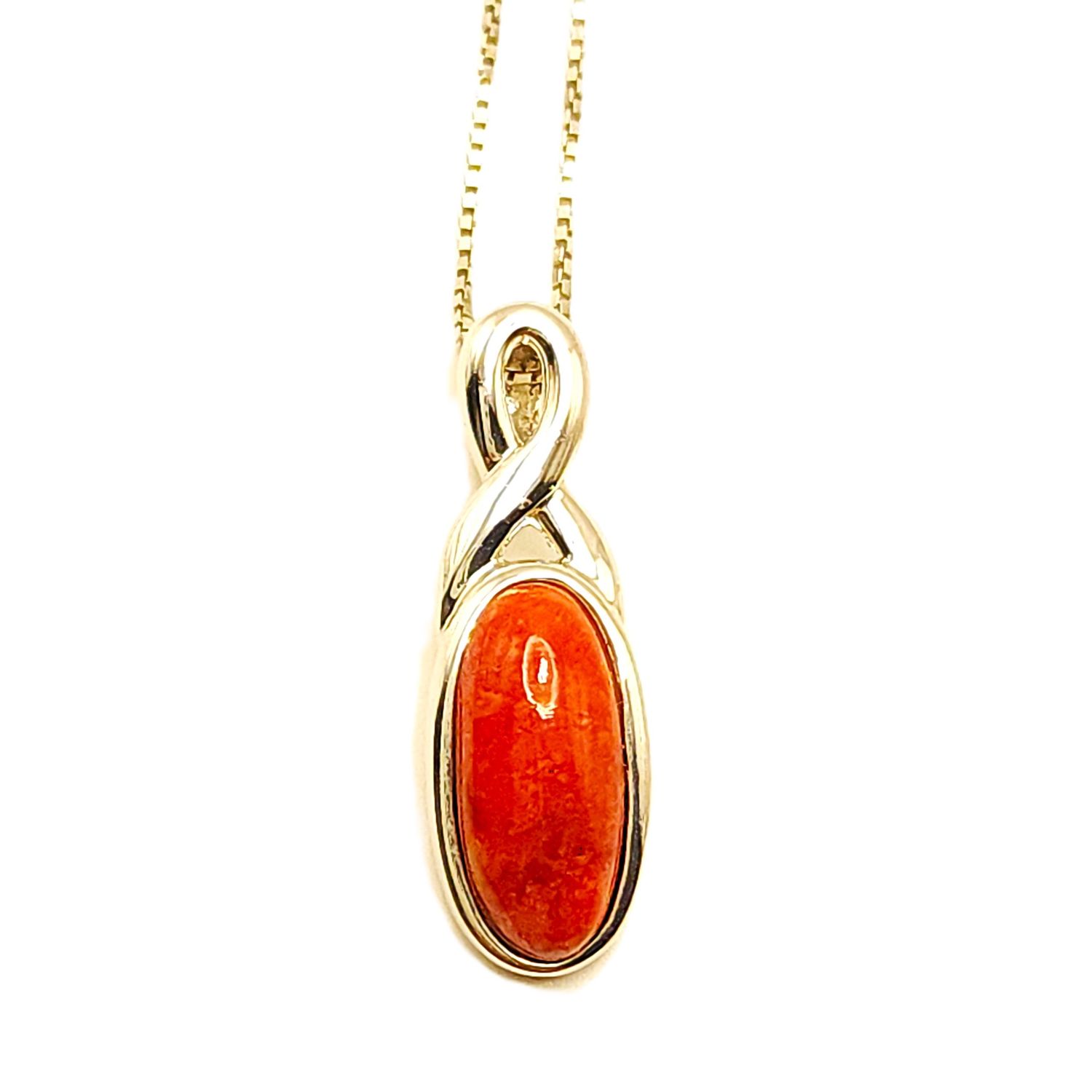 Sterling Silver Oval Coral Pendant on Sterling Silver Chain- Size: 18-20"