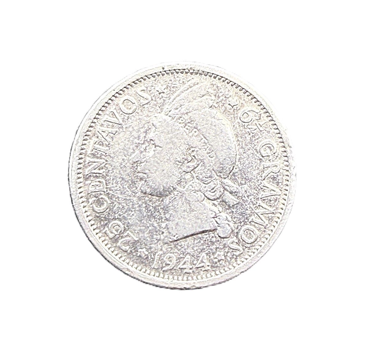 1944 Dominican Republic 25 Centavos Silver Coin Cacique Indian Princess