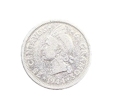1944 Dominican Republic 25 Centavos Silver Coin Cacique Indian Princess