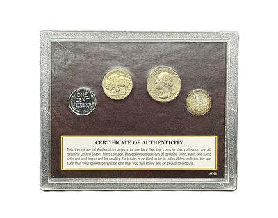 Unique Coins of the  20th Century U.S. Coins Collection Set - 1943-D Steel Penny, 1936 Buffalo Nickel, 1976 Bicentennial Quarter, 1945 Mercury Dime