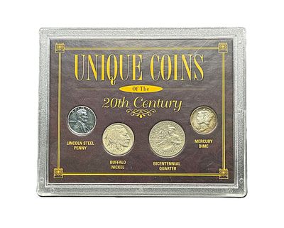 Unique Coins of the  20th Century U.S. Coins Collection Set - 1943-D Steel Penny, 1936 Buffalo Nickel, 1976 Bicentennial Quarter, 1945 Mercury Dime