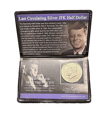 1969-D Silver Kennedy Half Dollar 40% Silver JFK Last Circulating Coin- with COA in Flip Display