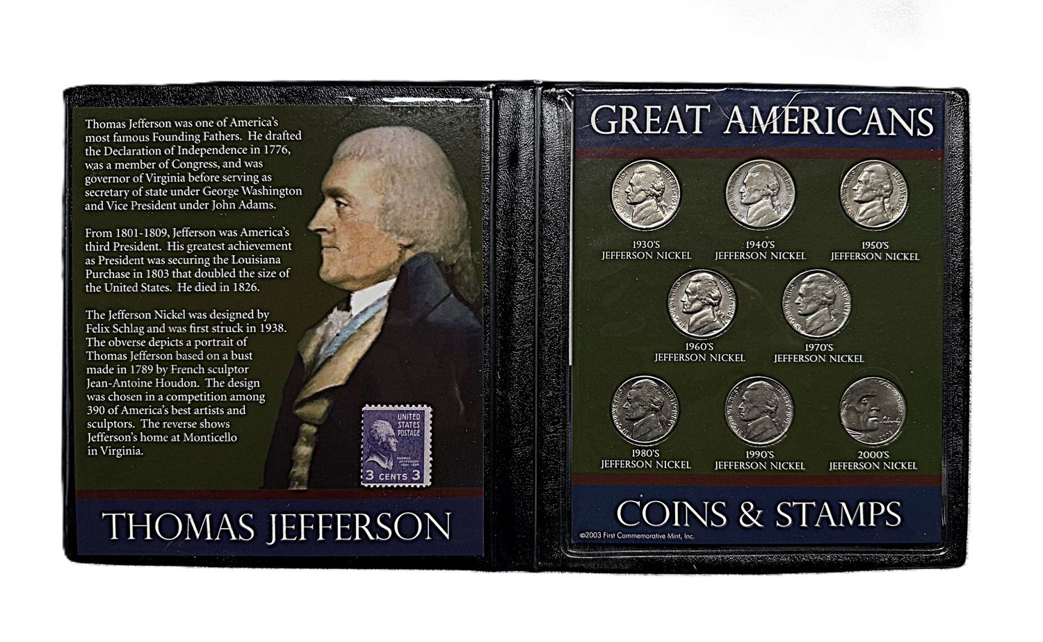 2003 Great Americans Thomas Jefferson Nickel Coins &amp; Stamps Set 1930s-2000s with COA