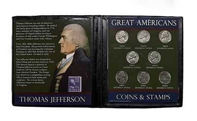 2003 Great Americans Thomas Jefferson Nickel Coins &amp; Stamps Set 1930s-2000s with COA